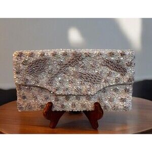 Vtg K. Gimbel Ivory Champagne Beaded Satin Wedding Prom Clutch Purse Hong Kong